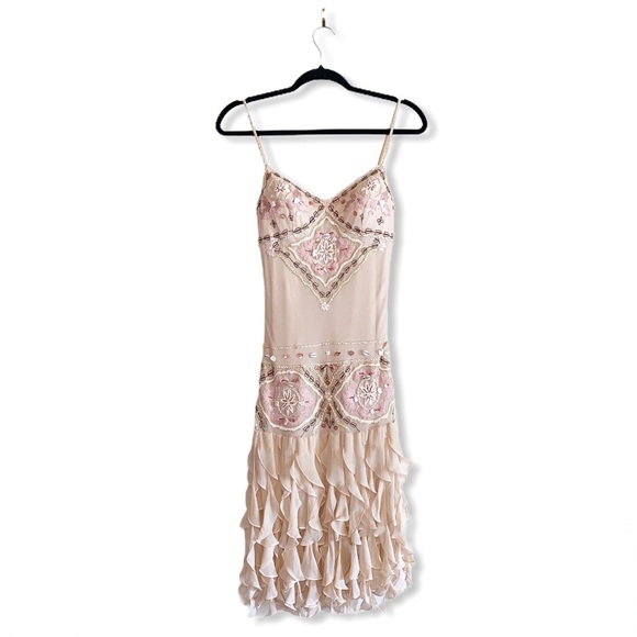 Sue Wong Pink Beaded Silk Midi Dress 